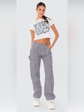 Edikted Black and White Pinstripe Cargo Jeans